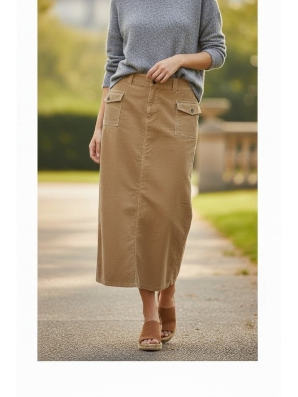 Vintage Liz Claiborne Tan Corduroy Maxi Skirt Cargo Utility Cotton Modest 14
